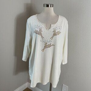 NEW Quacker Factory Womens Plus 2X Embellished Reindeer Holiday Tunic Top Shirt